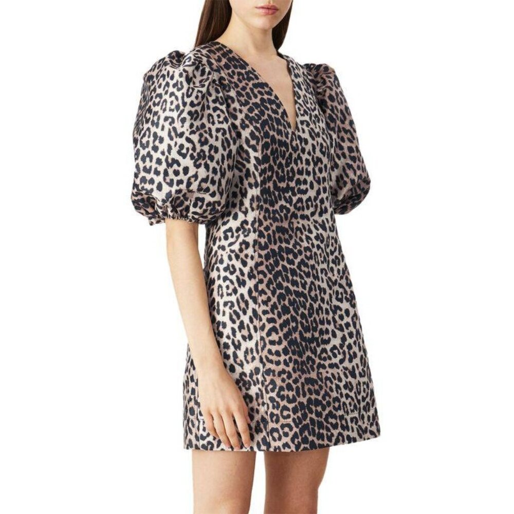 NWT GANNI Puff Sleeve Leopard Jacquard Mini Dress Animal Print UK 32 / US 0 XXS